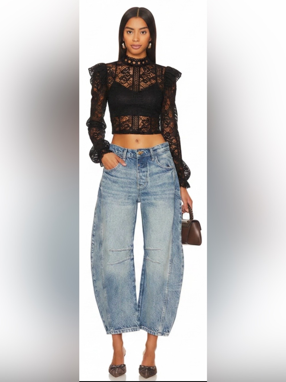 Salty Black Lace Long-Sleeve Crop Top with Mock Neck
